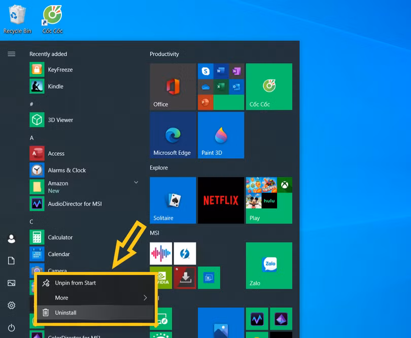 Nhấn Uninstall từ menu thả xuống.