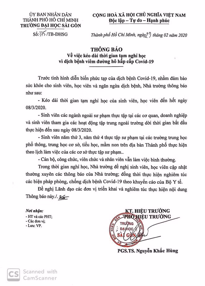 Trường ĐH Sài Gòn tiếp tục lùi lịch học cho sinh viên đến hết ngày 8/3. Trường ĐH Sài Gòn tiếp tục lùi lịch học cho sinh viên đến hết ngày 8/3.