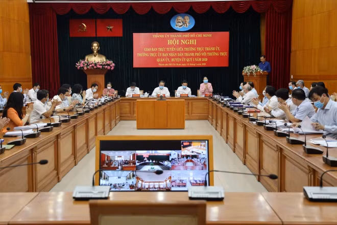 Toàn cảnh hội nghị trực tuyến của Thành ủy TP.HCM. Ảnh: HMC. Toàn cảnh hội nghị trực tuyến của Thành ủy TP.HCM. Ảnh: HMC.