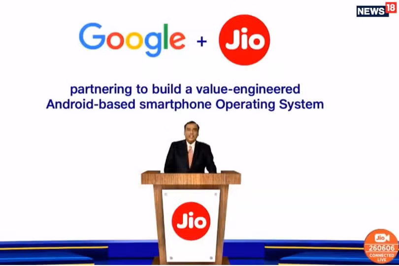 Tỷ phú Mukesh Ambani phát biểu tại hội nghị đánh dấu sự hợp tác giữa Google và Jio. (Ảnh: News 18) Ảnh: News 18