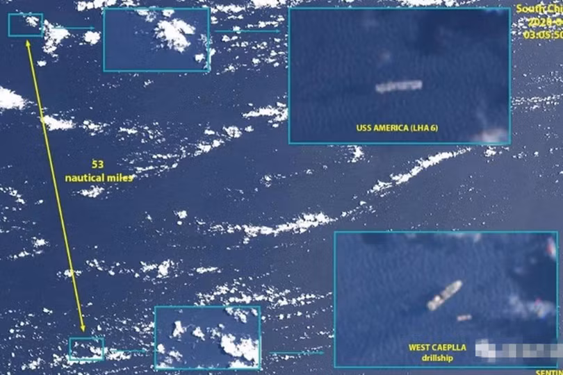 Tàu USS America hoạt động gần tàu khoan West Caeplla của Malaysia (Ảnh: HSH). Tàu USS America hoạt động gần tàu khoan West Caeplla của Malaysia (Ảnh: HSH).