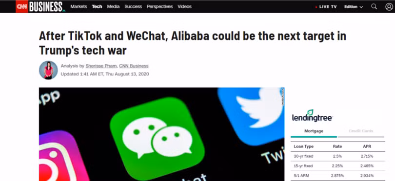 CNN viết về khả năng Alibaba trở thành mục tiêu tiếp theo của ông Trump sau TikTok và WeChat (Ảnh: CNN).