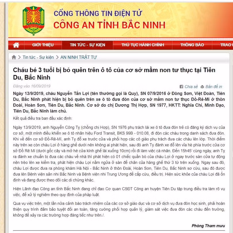 Thông tin chính thức của Công an tỉnh Bắc Ninh về vụ việc cháu bé 3 tuổi bị bỏ quên trên ô tô Thông tin chính thức của Công an tỉnh Bắc Ninh về vụ việc cháu bé 3 tuổi bị bỏ quên trên ô tô