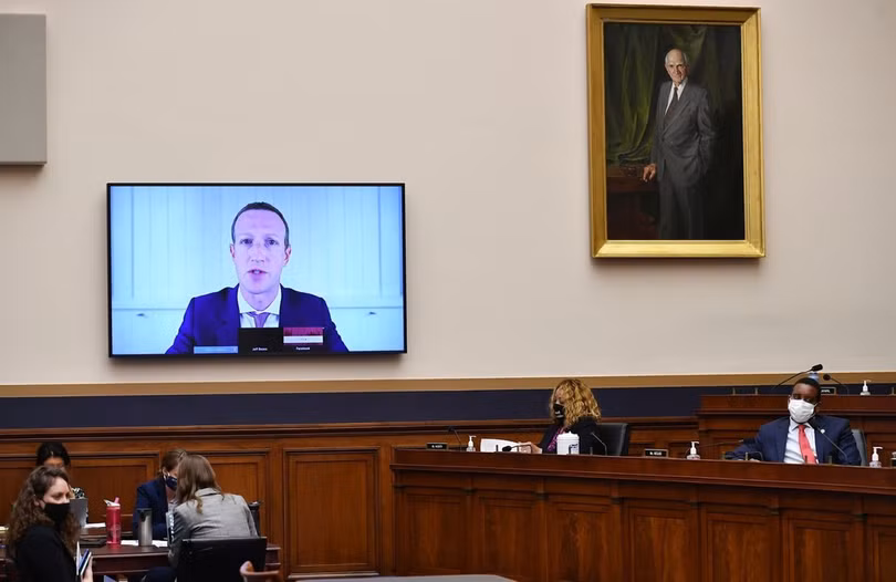 Mark Zuckerberg điều trần qua video trước Hạ viện Mỹ vào cuối tháng 7. Ảnh: Bloomberg. Mark Zuckerberg điều trần qua video trước Hạ viện Mỹ vào cuối tháng 7. Ảnh: Bloomberg.