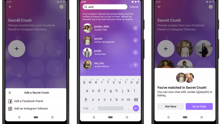 Tính năng Secret Crush trên dịch vụ hẹn hò của Facebook. Ảnh: CNBC Ảnh: CNBC