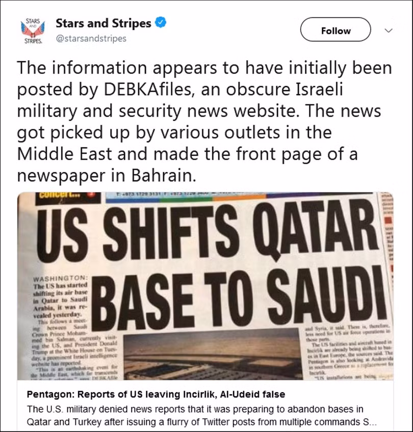 Trang web “DEBKAfile” từng đưa tin giả về việc Mỹ sẽ rút các căn cứ quân sự khỏi Qatar và Thổ Nhĩ Kỳ