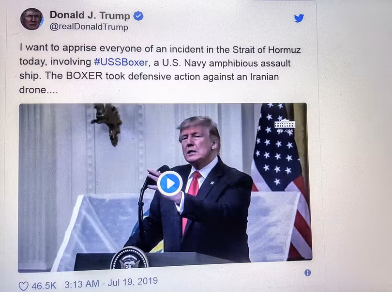 Ông Donald Trump thông báo trên Twitter việc tàu chiến Mỹ bắn hạ máy bay không người lái của Iran Ông Donald Trump thông báo trên Twitter việc tàu chiến Mỹ bắn hạ máy bay không người lái của Iran