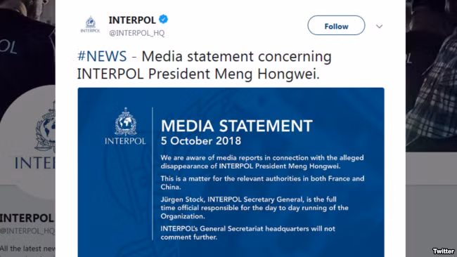 Thông báo của Interpol về việc ông Mạnh Hoành Vĩ mất tích Thông báo của Interpol về việc ông Mạnh Hoành Vĩ mất tích
