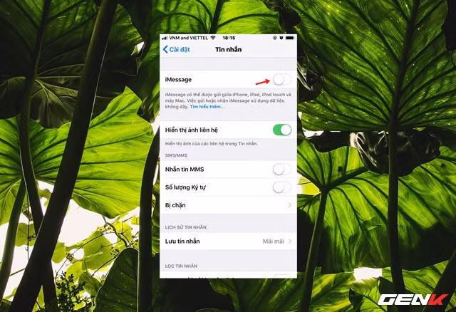 Gạt sang OFF ở lựa chọn iMessage. Gạt sang OFF ở lựa chọn iMessage.