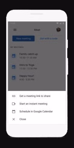 Nhấn vào nút "New meeting" màu xanh ở trên, người dùng sẽ nhận được một liên kết cuộc họp để chia sẻ, bắt đầu một cuộc họp ngay lập tức, hoặc lên lịch cuộc họp trong Google Calendar. Ngoài ra còn có tùy chọn để nhanh chóng tham gia với một mã code. Nhấn vào nút