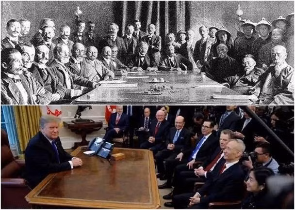 Hai bức ảnh trên mạng Weibo ngụ ý phê phán ông Lưu Hạc "lép về" trước ông Trump Hai bức ảnh trên mạng Weibo ngụ ý phê phán ông Lưu Hạc "lép về" trước ông Trump