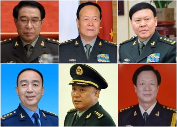 6 Thượng tướng bị quật ngã từ sau Đại hội 18 đến nay cùng với Phòng Phong Huy (Trái qua, trên xuống: Từ Tài Hậu, Quách Bá Hùng, Trương Dương, Điền Tu Tư, Vương Kiến Bình và Vương Hỉ Bân)