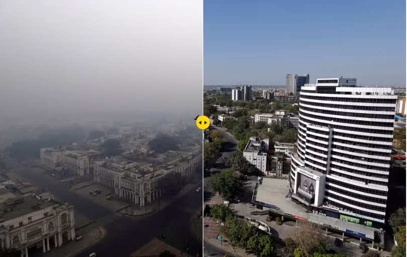 Hình ảnh bầu không khí trước và sau khi có lệnh cách ly xã hội tại New Delhi, Ấn Độ. Ảnh: The Guardian Ảnh: The Guardian