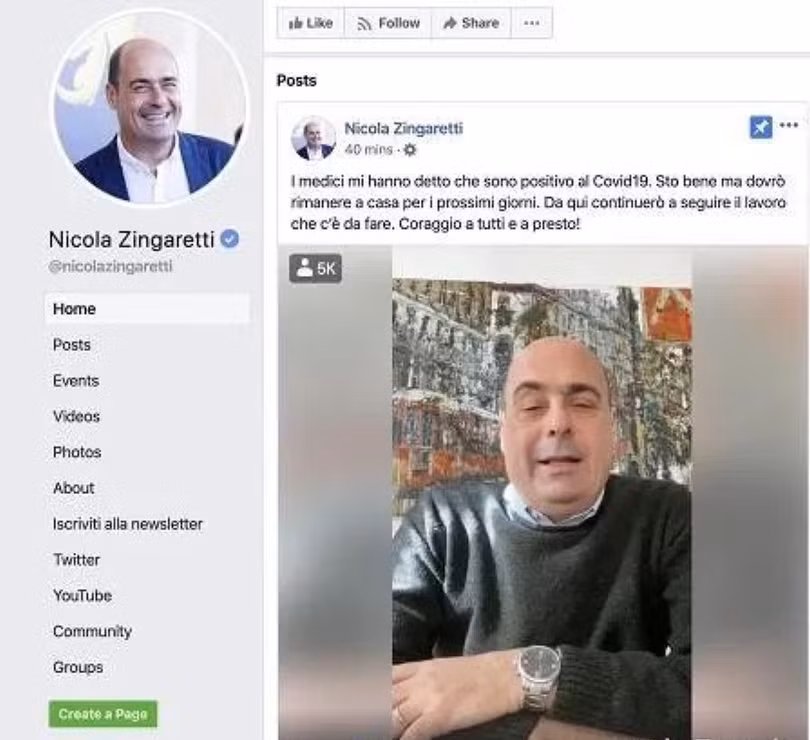 Ông Nicola Zingaretti, chủ tịch của khu vực Lazio và lãnh đạo Đảng Dân chủ cầm quyền thông báo bị nhiễm COVID-19 (Ảnh: Guancha). Ông Nicola Zingaretti, chủ tịch của khu vực Lazio và lãnh đạo Đảng Dân chủ cầm quyền thông báo bị nhiễm COVID-19 (Ảnh: Guancha).
