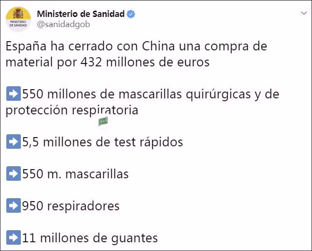 Trang Twitter viết về hợp đồng mua vật tư y tế của Trung Quốc trị giá 432 triệu euro (Ảnh:Guancha). Trang Twitter viết về hợp đồng mua vật tư y tế của Trung Quốc trị giá 432 triệu euro (Ảnh:Guancha).