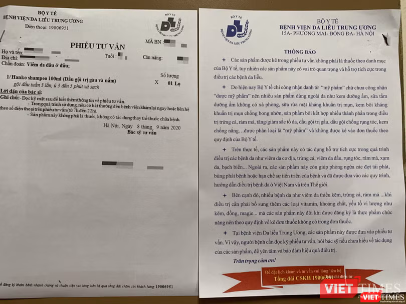 Phiếu tư vấn được tách riêng với các lưu ý rõ ràng cho người bệnh Đơn thuốc và phiếu tư vấn được tách riêng