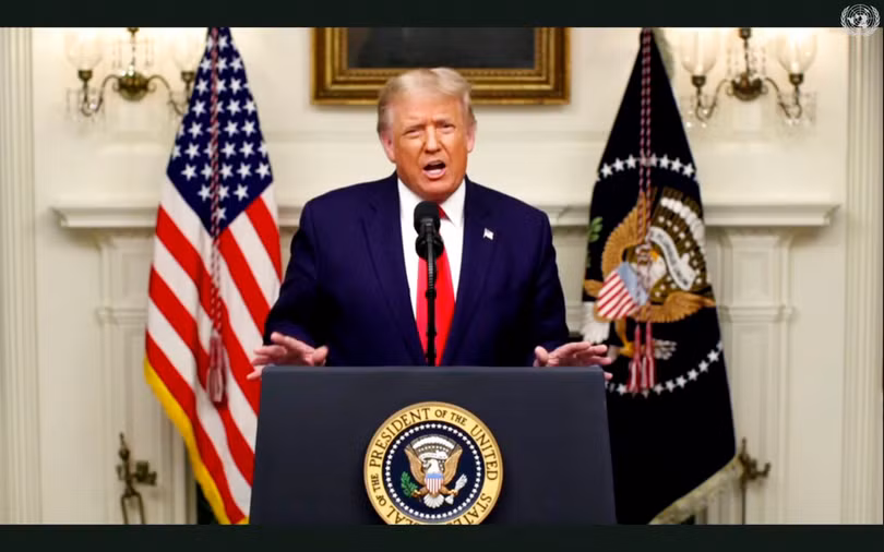 TRong bài phát biểu, Tổng thống Mỹ Donald Trump 12 lần nêu đích danh Trung Quốc, đề xuất Liên Hợp Quốc buộc Trung Quốc phải chịu trách nhiệm về đại dịch COVID-19 (Ảnh: Đa Chiều).