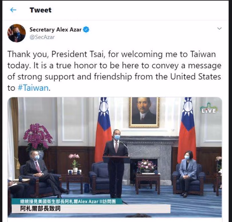 Bộ trưởng Y tế Mỹ Azar đăng lời cám ơn bà Thái Anh Văn trên Twitter trong khi đang ở thăm Đài Loan (Ảnh: Đa Chiều). Bộ trưởng Y tế Mỹ Azar đăng lời cám ơn bà Thái Anh Văn trên Twitter trong khi đang ở thăm Đài Loan (Ảnh: Đa Chiều).