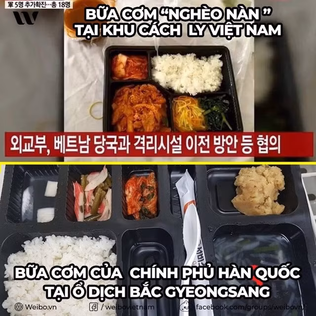 Một số cư dân mạng đã so sánh hình ảnh phần cơn do Việt Nam cung cấp với phần cơm tại khu cách ly ở Daegu. Một số cư dân mạng đã so sánh hình ảnh phần cơn do Việt Nam cung cấp với phần cơm tại khu cách ly ở Daegu.