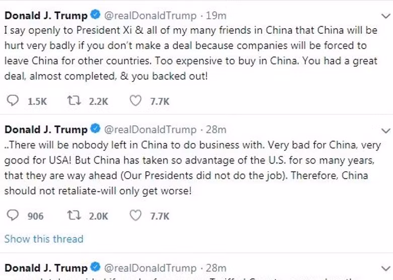 Ông Donald Trump liên tục bày tỏ lập trường trong chính sách mậu dịch với Trung Quốc qua các tuyên bố trên Twitter. Ông Donald Trump liên tục bày tỏ lập trường trong chính sách mậu dịch với Trung Quốc qua các tuyên bố trên Twitter.