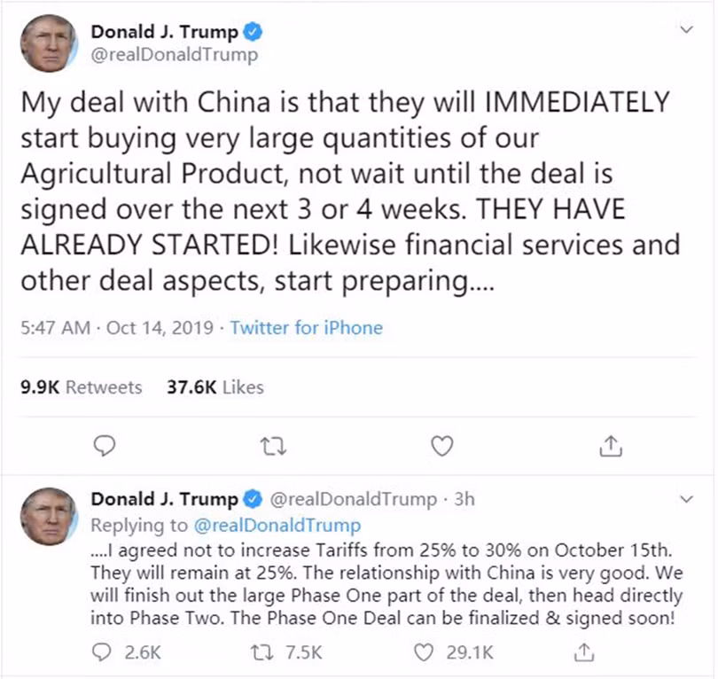 Ngày 14/10, ông Trump viết tweet bày tỏ phấn khởi trước thỏa thuận bước thứ nhất đạt được với Trung Quốc Ngày 14/10, ông Trump viết tweet bày tỏ phấn khởi trước thỏa thuận bước thứ nhất đạt được với Trung Quốc