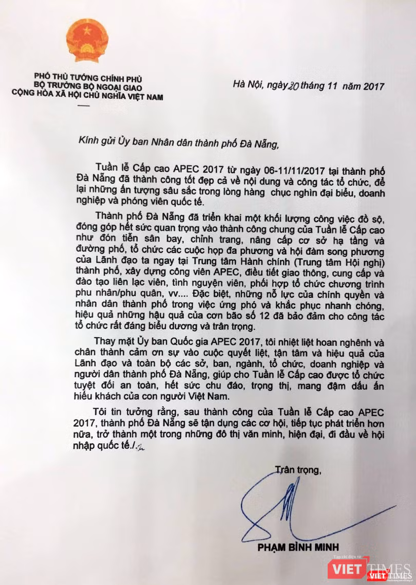Thư cảm ơn của Chủ tịch ủy ban APEC quốc gia 2017, Phó Thủ tướng, Bộ Trưởng Bộ Ngoại giao Phạm Bình Binh cũng đã gửi đến nhân dân TP Đà Nẵng