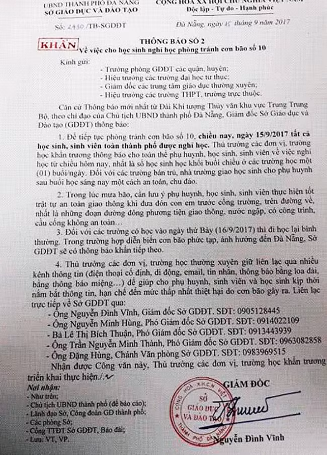 Công văn khẩn cho học sinh trên địa bàn nghỉ học do bão số 10 của Sở GD-ĐT TP Đà Nẵng