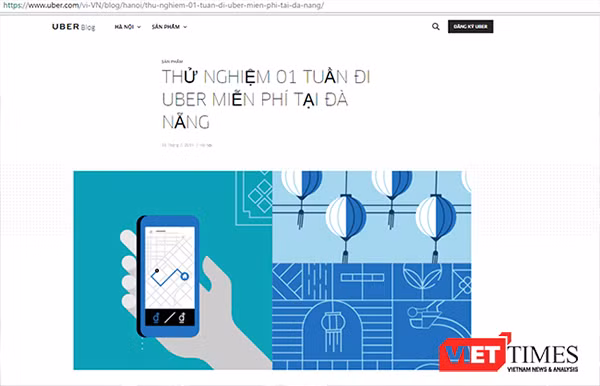 Thông tin trên các trang mạng về việc Uber triển khai ứng dụng kết nối hành khách tại Đà Nẵng