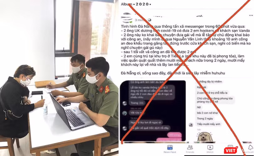Cơ quan Công an làm việc với bà N.T.H (SN 1984, trú tại Quận Ngũ Hành Sơn, TP Đà Nẵng), người sử dụng tài khoản facebook cá nhân đăng tải thông tin sai sự thật về việc 2 du khách người Anh mắc COVID-19 đưa “gái” về khách sạn gây hoang mang trong dư luận 