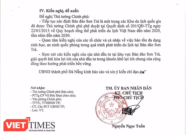 UBND TP Đà Nẵng kiến nghị Thru tướng Chính phủ tiếp tục xác định Sơn Trà là một trong các Khu du lịch quốc gia đã được phê duyệt tại Quyết định 201/QĐ-TTg ngày 22/1/2013 về Quy hoạch tổng thể phát triển du lịch Việt Nam đến 2020, tầm nhìn đến 2030;