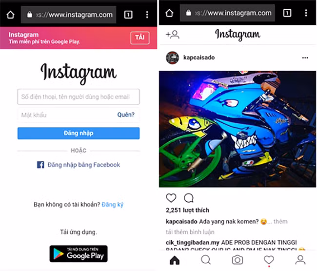 Giao diện đăng nhập và giao diện chính trên phiên bản web của Instagram.