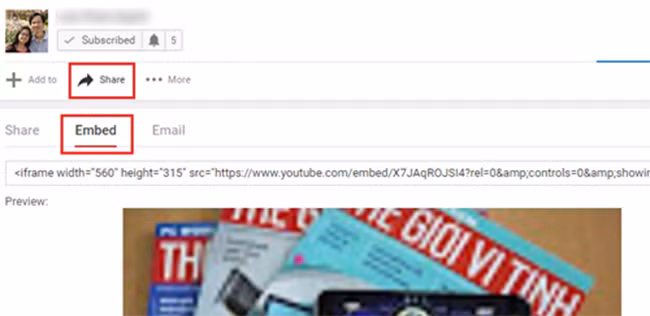 Trong giao diện trang video, bạn nhấn nút Share > Ember bên dưới trình phát video.