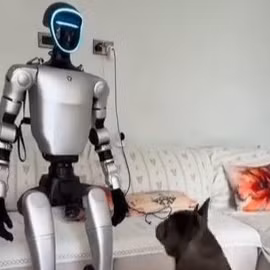 Chú chó bối rối khi lần đầu gặp robot hình người