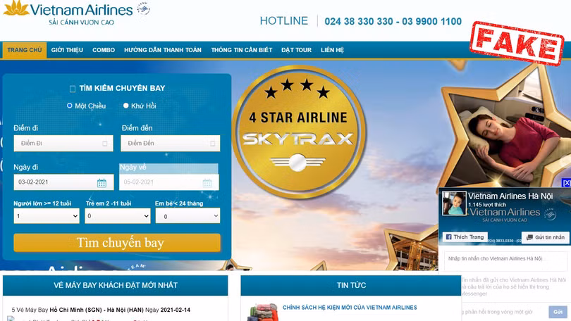 Website giả mạo VNA. Ảnh: Vietnam Airlines