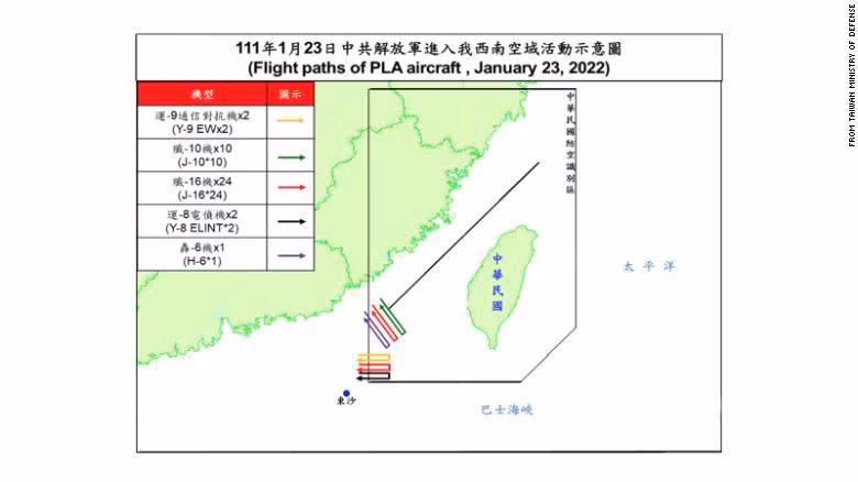 Đường bay của các máy bay Trung Quốc được phía Đài Loan đăng tải (Ảnh: CNN)