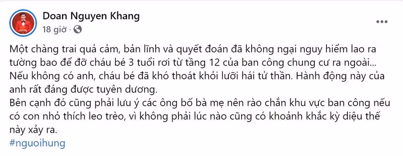 MC Nguyên Khang gửi lời cảm ơn đến "người hùng". MC Nguyên Khang gửi lời cảm ơn đến "người hùng".