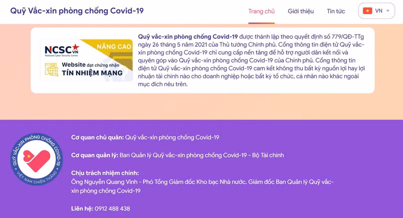 Website của Quỹ vaccine phòng COVID-19 được cấp chứng nhận tín nhiệm mạng. Website của Quỹ vaccine phòng COVID-19 được cấp chứng nhận tín nhiệm mạng.