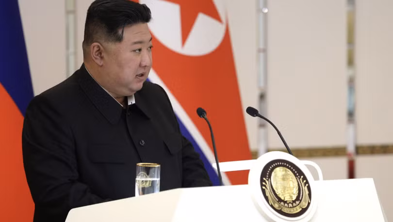 Nhà lãnh đạo Triều Tiên Kim Jong-un tại cuộc họp báo chung với Tổng thống Nga Vladimir Putin vào tháng 6. Ảnh: Moscow Times.