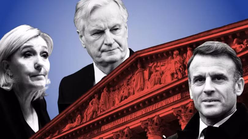 Bà Marine Le Pen, ông Michel Barnier và Tổng thống Pháp Emmanuel Macron. Ảnh: FT.