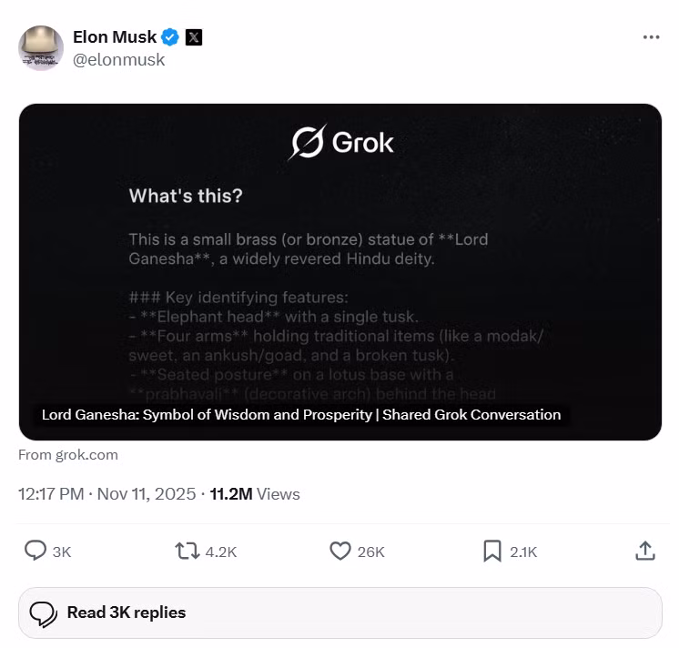 Elon Musk gây bão mạng Ấn Độ khi tung đoạn chat với AI Grok về thần Ganesha.png