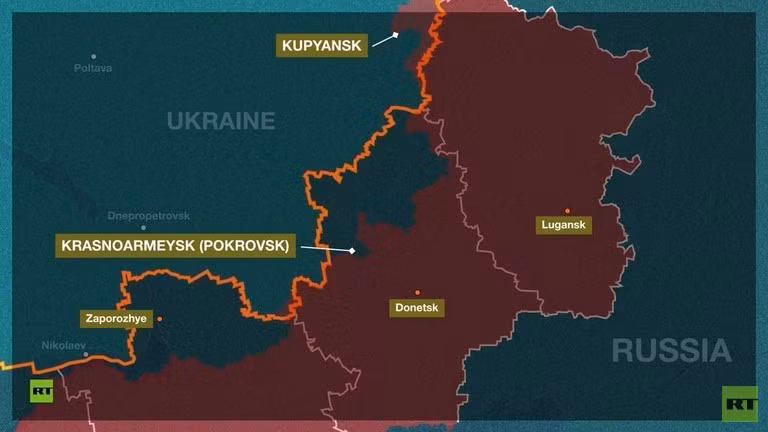 Tháng trước, Nga tuyên bố rằng Kupyansk và Krasnoarmeysk đã bị lực lượng của họ bao vây hoàn toàn. Ảnh: RT.