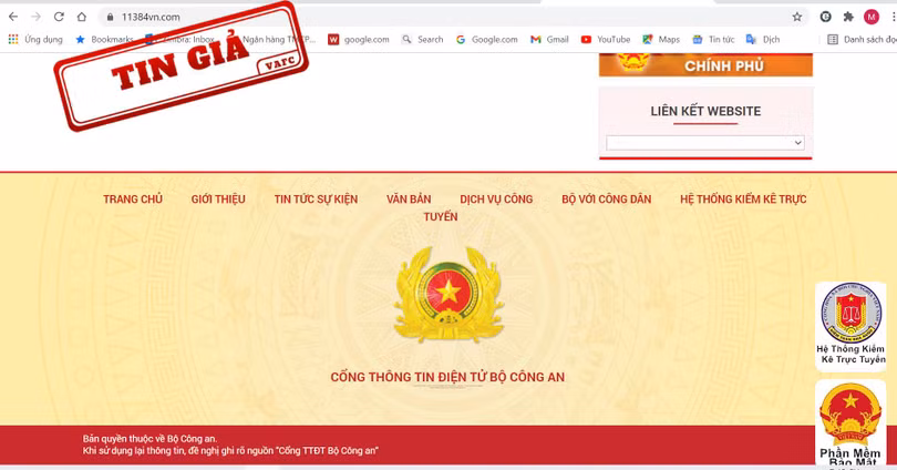 Website giả mạo Bộ Công an bị gắn nhãn tin giả. Ảnh: VAFC.