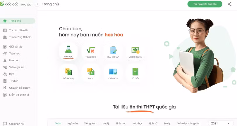 Giao diện Cốc Cốc học tập.