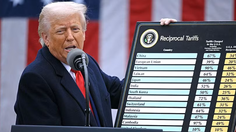 Tổng thống Mỹ Donald Trump cầm tấm bảng ghi mức thuế nhập khẩu đối ứng áp dụng cho các nước. Ảnh: Reuters.