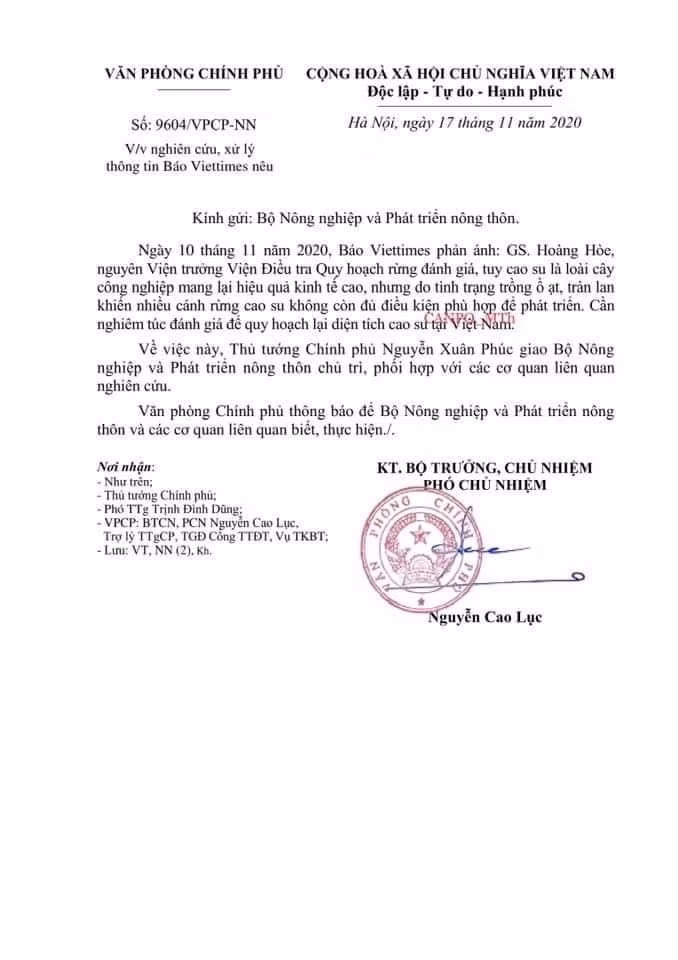 Công văn Thủ tướng Chính phủ gửi Bộ Nông nghiệp và Phát triển Nông thôn.