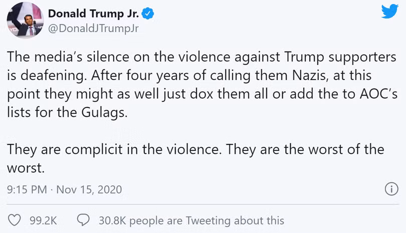 Donald Trump Jr. cũng lên án hành động của giới truyền thông. Ảnh: Fox News