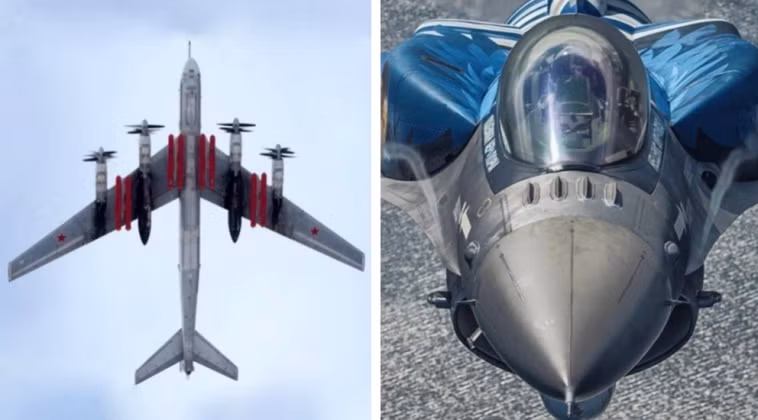 Máy bay ném bom Tu-95MS và máy bay chiến đấu F-16. Ảnh: MW.