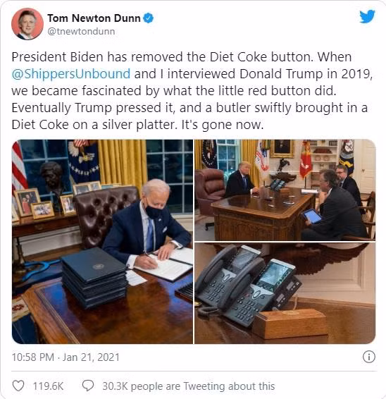 Chiếc nút bấm gọi đồ uống của ông Trump đã không còn trên bàn làm việc của ông Biden (Ảnh: Twitter) Chiếc nút bấm gọi đồ uống của ông Trump đã không còn trên bàn làm việc của ông Biden (Ảnh: Twitter)
