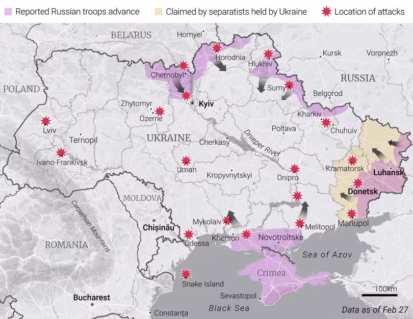 Sơ đồ chiến sự đang diễn ra tại Ukraine (Ảnh: SCMP)