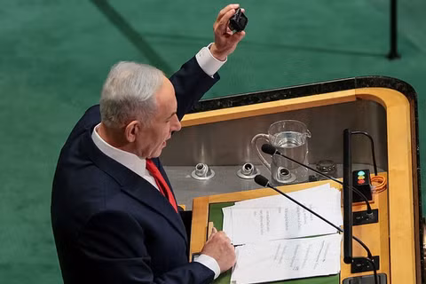 Thủ tướng Israel Benjamin Netanyahu phát biểu tại Đại hội đồng Liên hợp quốc vào ngày 24/9 tại thành phố New York, Mỹ. Ảnh: Getty.